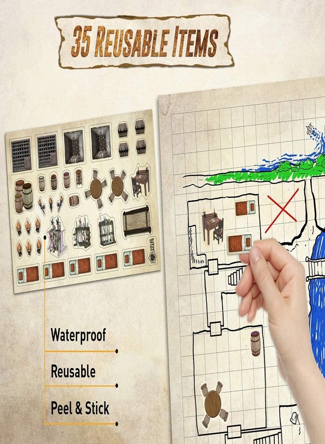 Melee Mats مجموعة خرائط بداية لعبة الاشتباك المباشر DND - 23 بوصة × 27 بوصة، وجهان، قابلة للمسح الجاف والرطب، شبكة تضاريس معركة لألعاب Dungeons and Dragons - مجموعة ألعاب لوحية مع ملحقات - Image 3
